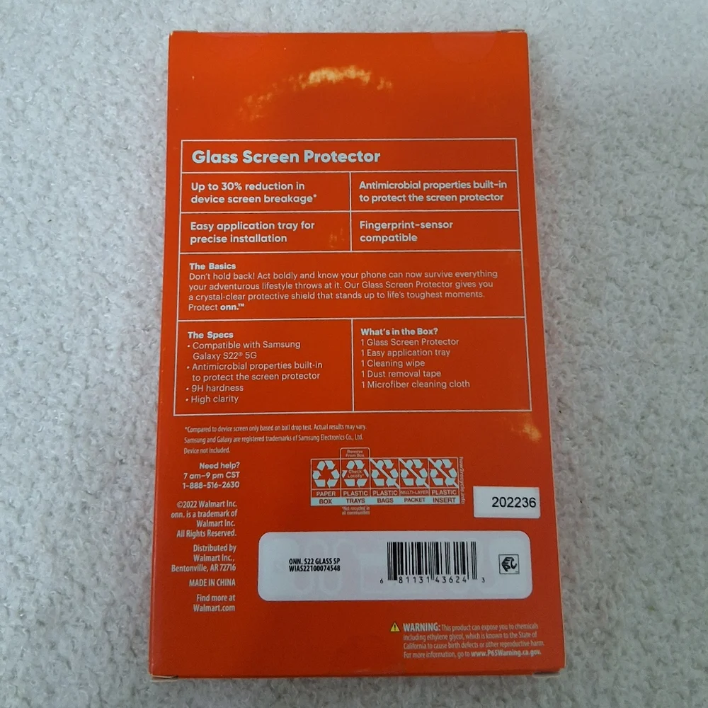 NIB onn. Glass Screen Protector for Samsung Galaxy S22